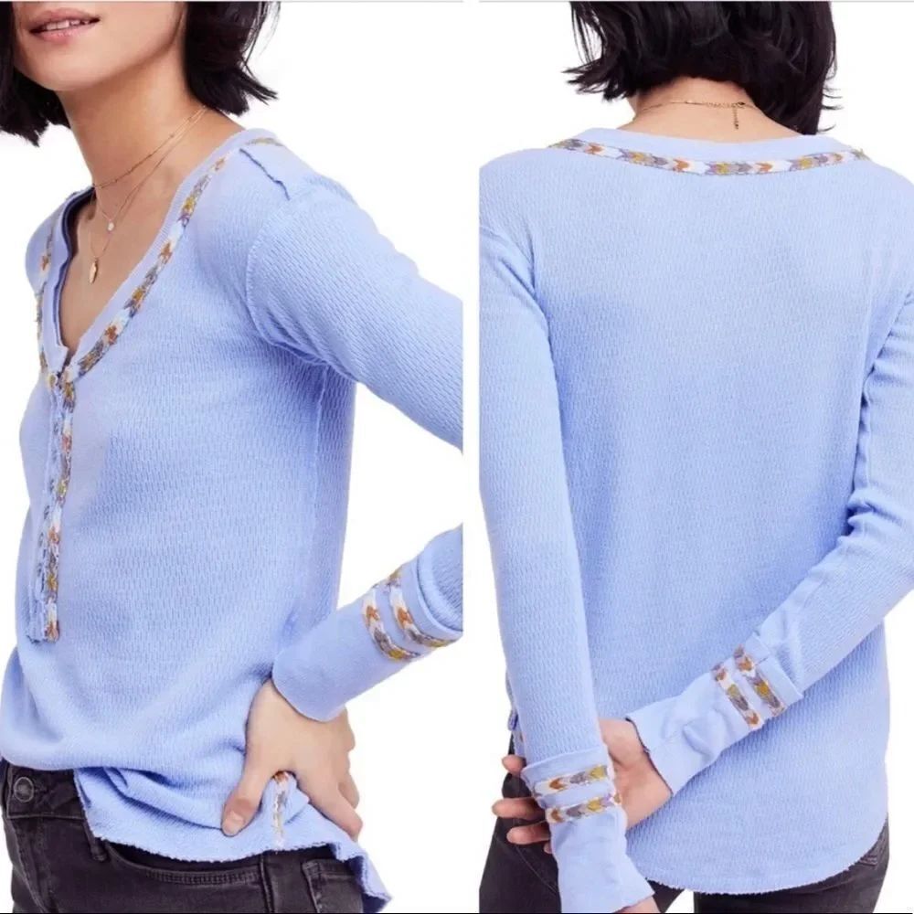 FREE PEOPLE | We the Free Blue Rainbow Thermal Top Long Sleeve Women’s Size XS
